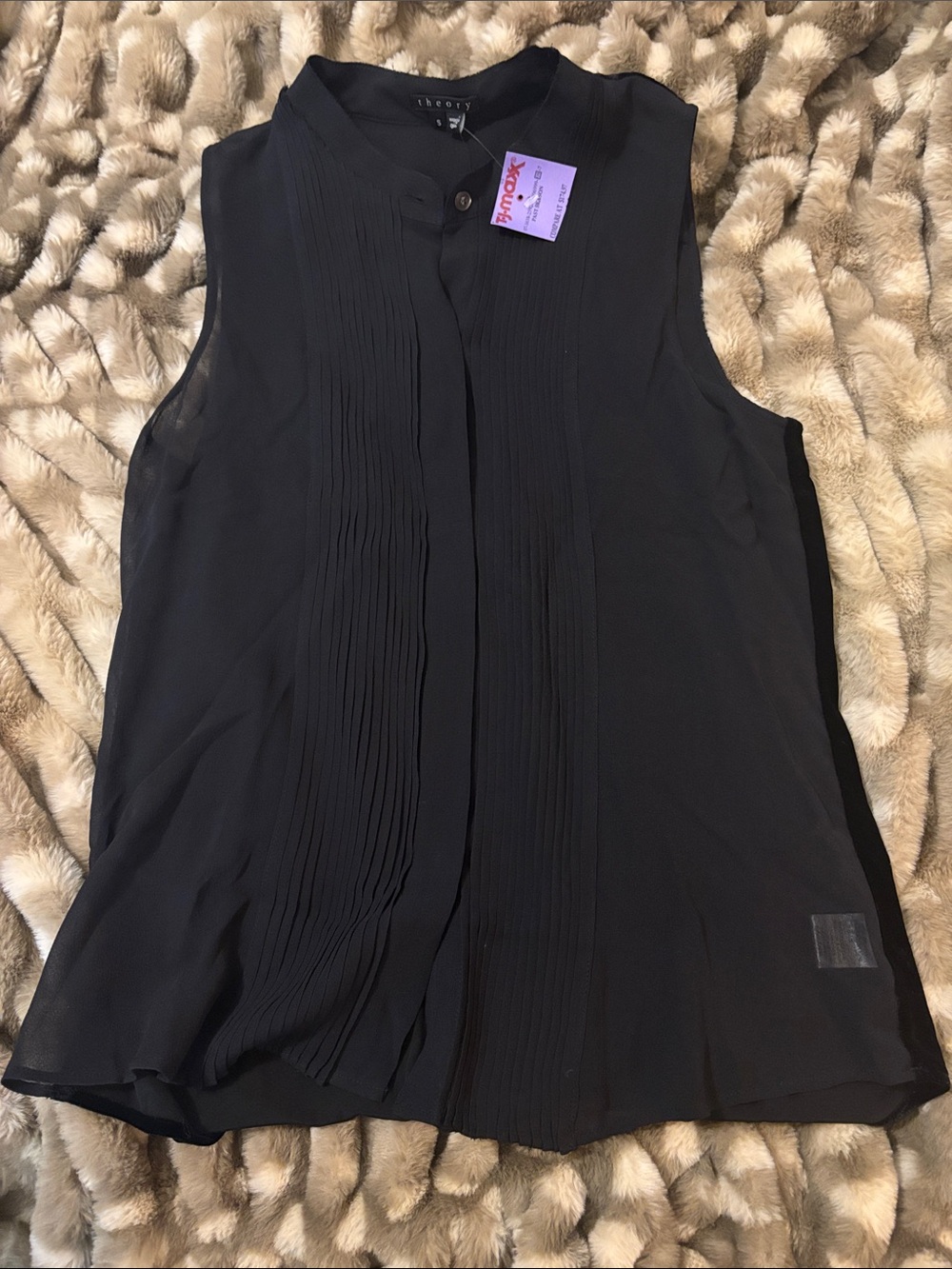 Theory Black Sleeveless Pleated Front Blouse silk and velvet blend